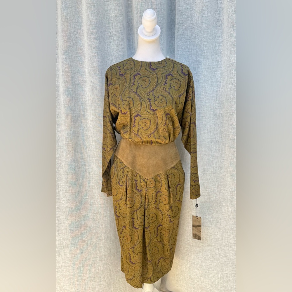 NWT S.T Gillian by Kay Unger green paisley long sleeve dress